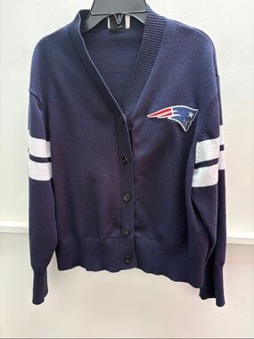 NFL Navy Button-Up Cardigan with Team Logo and White Sleeve Stripes